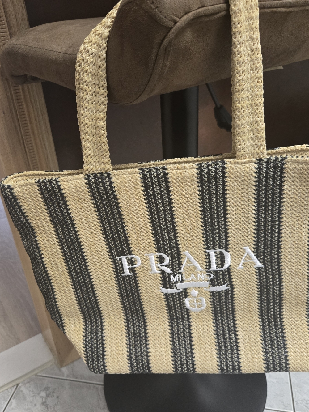 Prada Natural and Black Striped Woven Tote